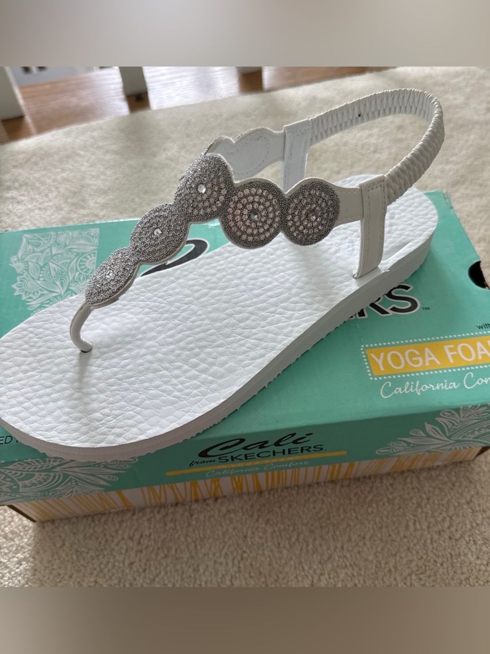 Skechers White Slingback Sandal with Rhinestone Medallions